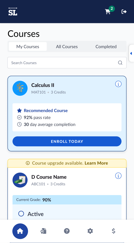 Mobile course list with a recommended course and an upgrade-available course