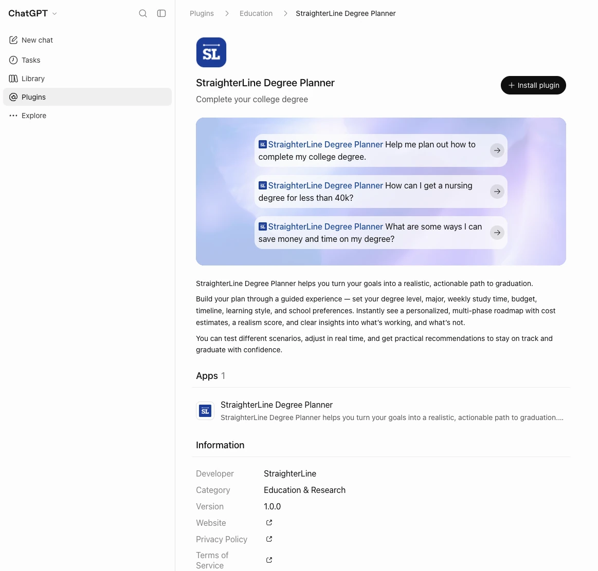 The StraighterLine Degree Planner listing in ChatGPT&rsquo;s Plugins directory, under Education, with an Install plugin button, three suggested prompts, a description of the guided planning experience and developer details