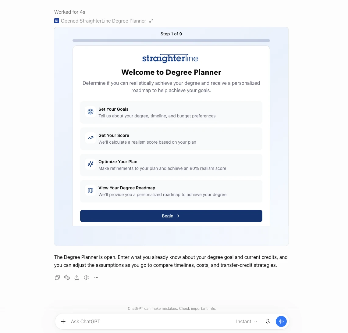 The Degree Planner opening inside a ChatGPT conversation at step 1 of 9: a welcome card listing the steps ahead, set your goals, get your score, optimize your plan and view your degree roadmap, with a Begin button, followed by ChatGPT&rsquo;s note that the planner is open