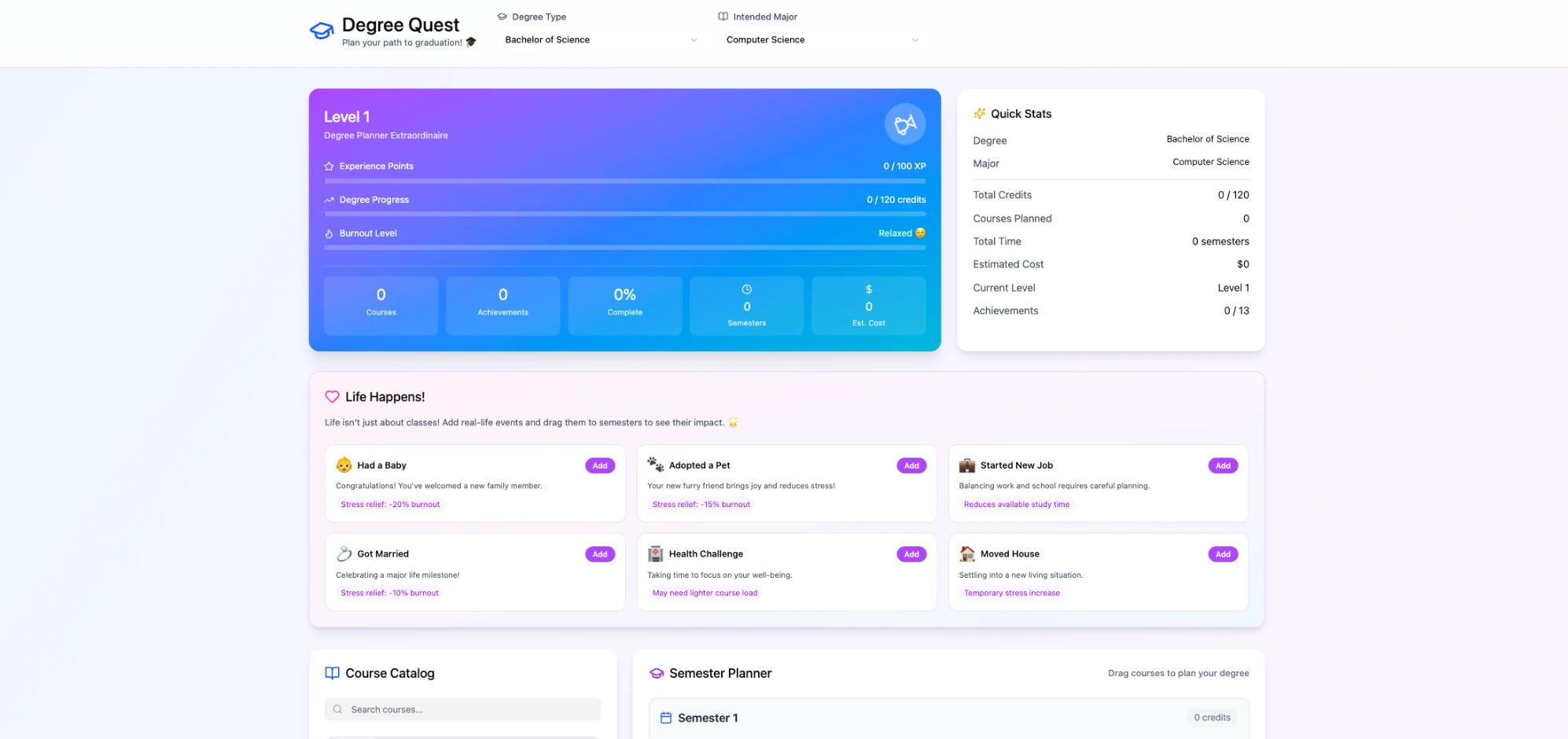Degree Quest concept: a game dashboard with a level and experience points, a Life Happens panel of life events like having a baby or starting a new job, and a course catalog beside a drag-and-drop semester planner