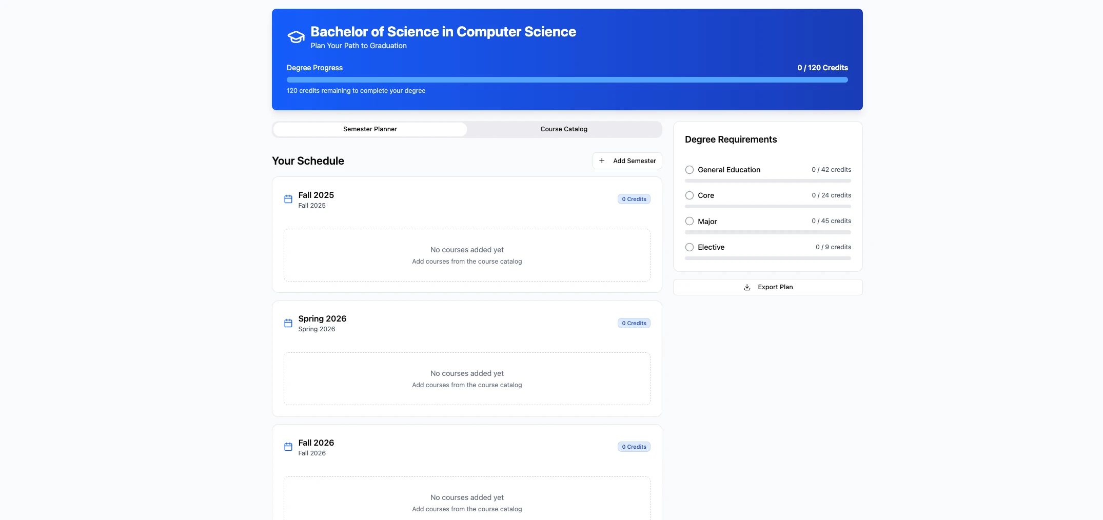 Path to Graduation concept: a Bachelor of Science degree header with credit progress, a semester-by-semester schedule to fill from a course catalog, and a degree requirements tracker