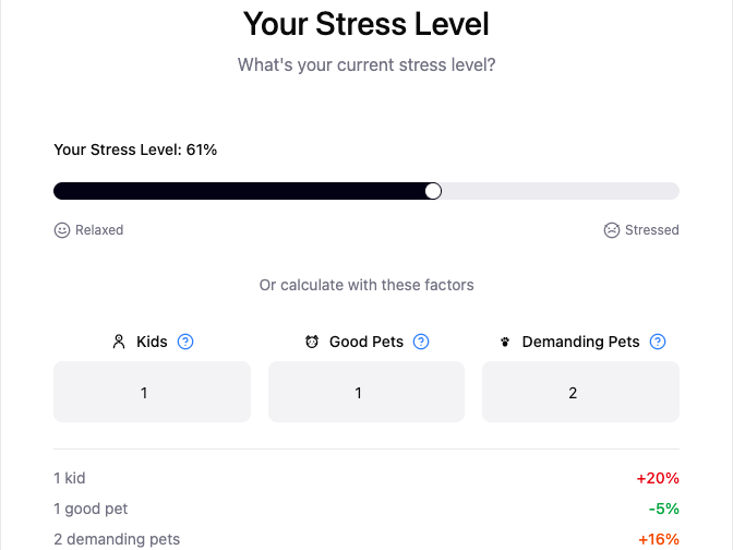 An explored Your Stress Level step with a stress slider and inputs for kids, good pets and demanding pets, each adding or removing a flat stress percentage