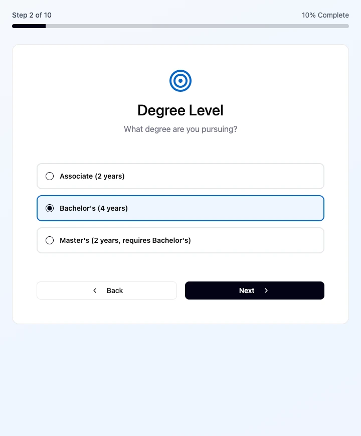 Step 2 of 10, Degree Level: a single question, What degree are you pursuing, with Associate, Bachelor&rsquo;s and Master&rsquo;s options