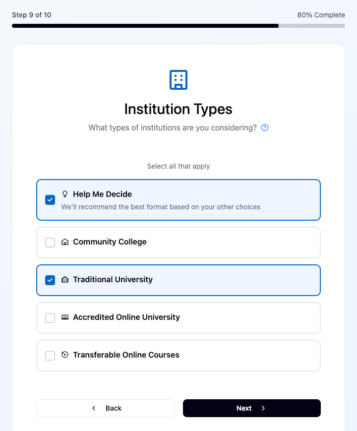 Step 9 of 10, Institution Types: select all that apply, with Help Me Decide and Traditional University checked among community college, online university and transferable course options