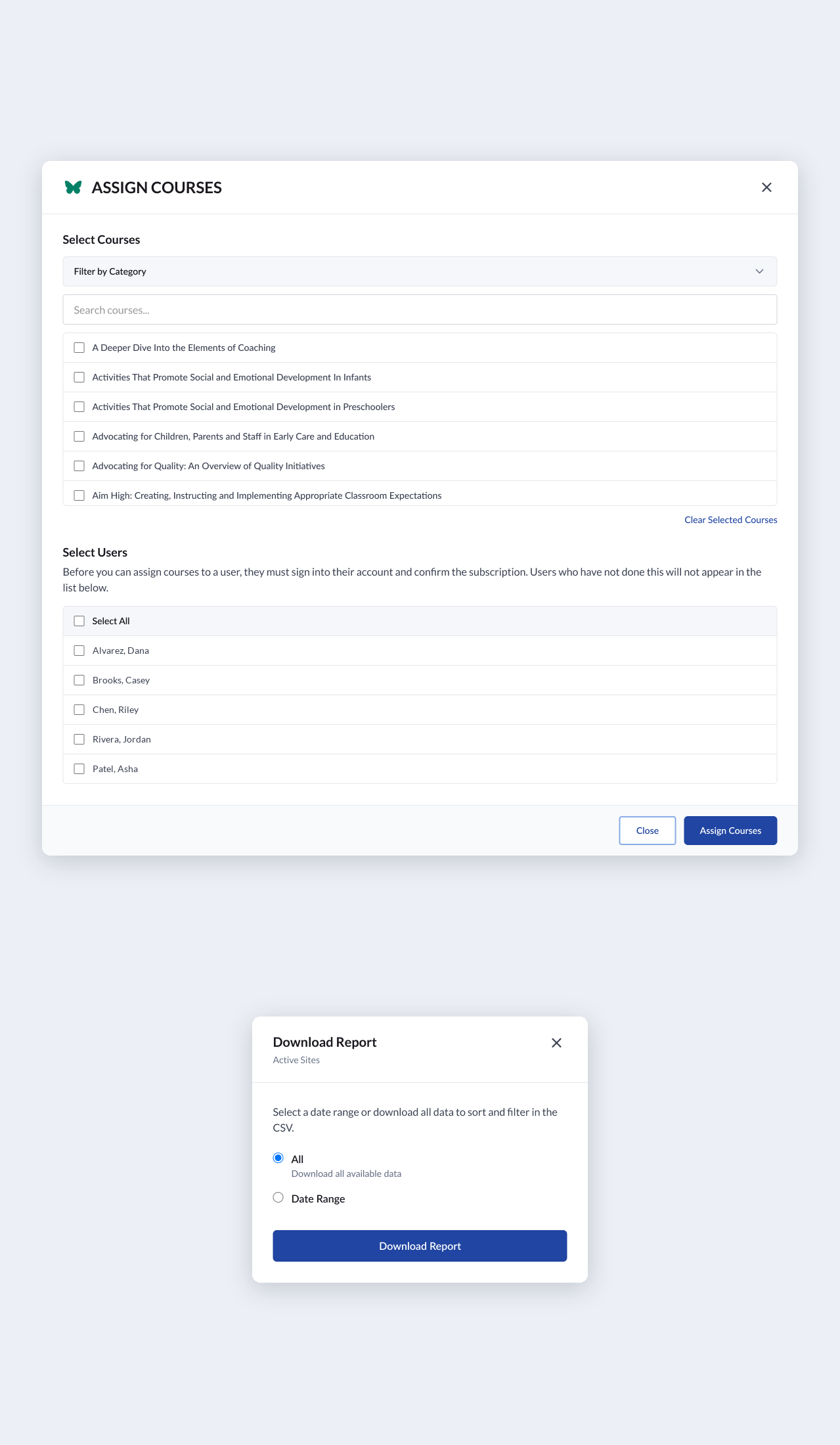 Two admin dialogs: Assign Courses, with a searchable course list and a list of users to select, and Download Report, with options for all data or a date range
