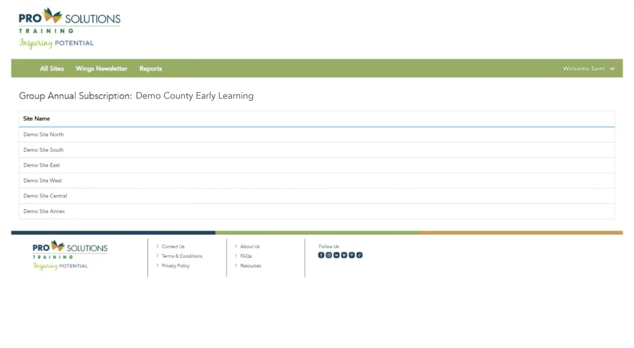 Before: the original portal, a green navigation bar above a Group Annual Subscription title and a plain list of six site names, with no learner, course or report information