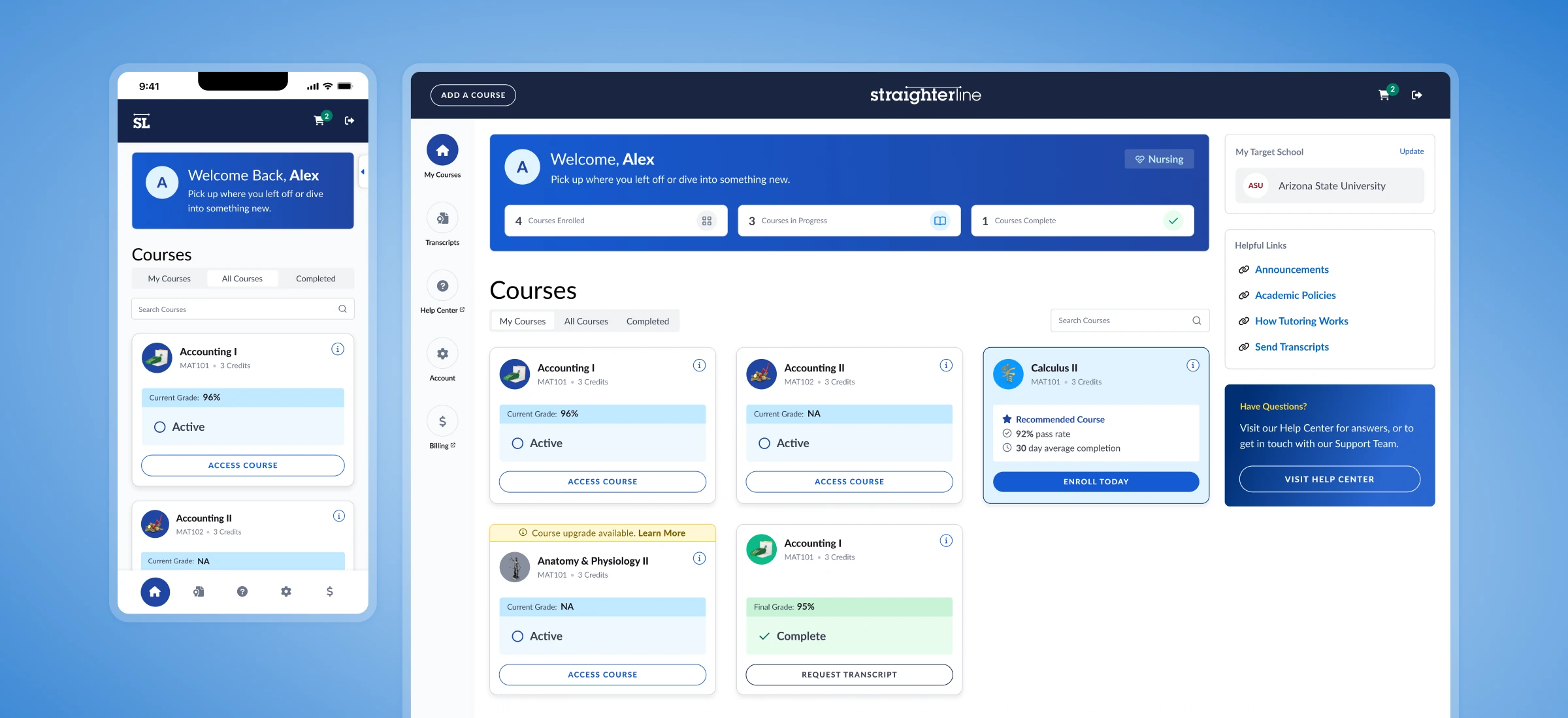 StraighterLine student dashboard, shown on mobile and desktop