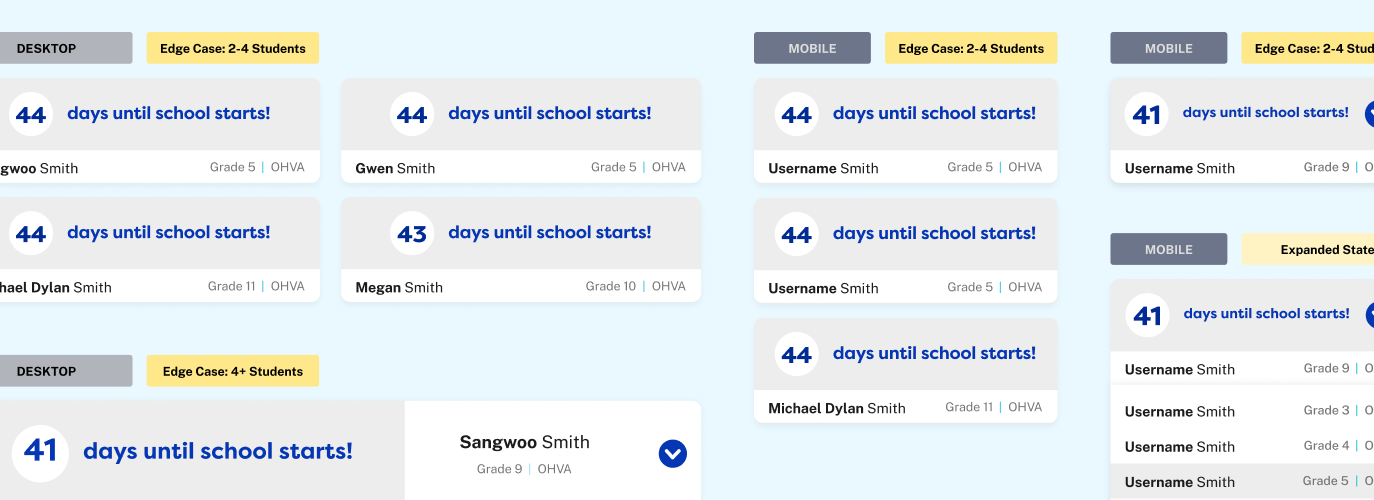 School countdown cards for families with two to four students on desktop and mobile, and a four-plus-student state where the additional students move into a dropdown.