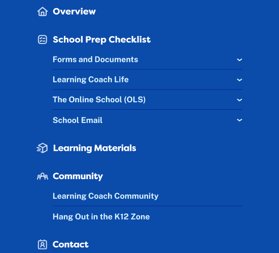 Onboarding sidebar navigation: Overview, School Prep Checklist (Forms and Documents, Learning Coach Life, The Online School, and School Email), Learning Materials, Community, and Contact.