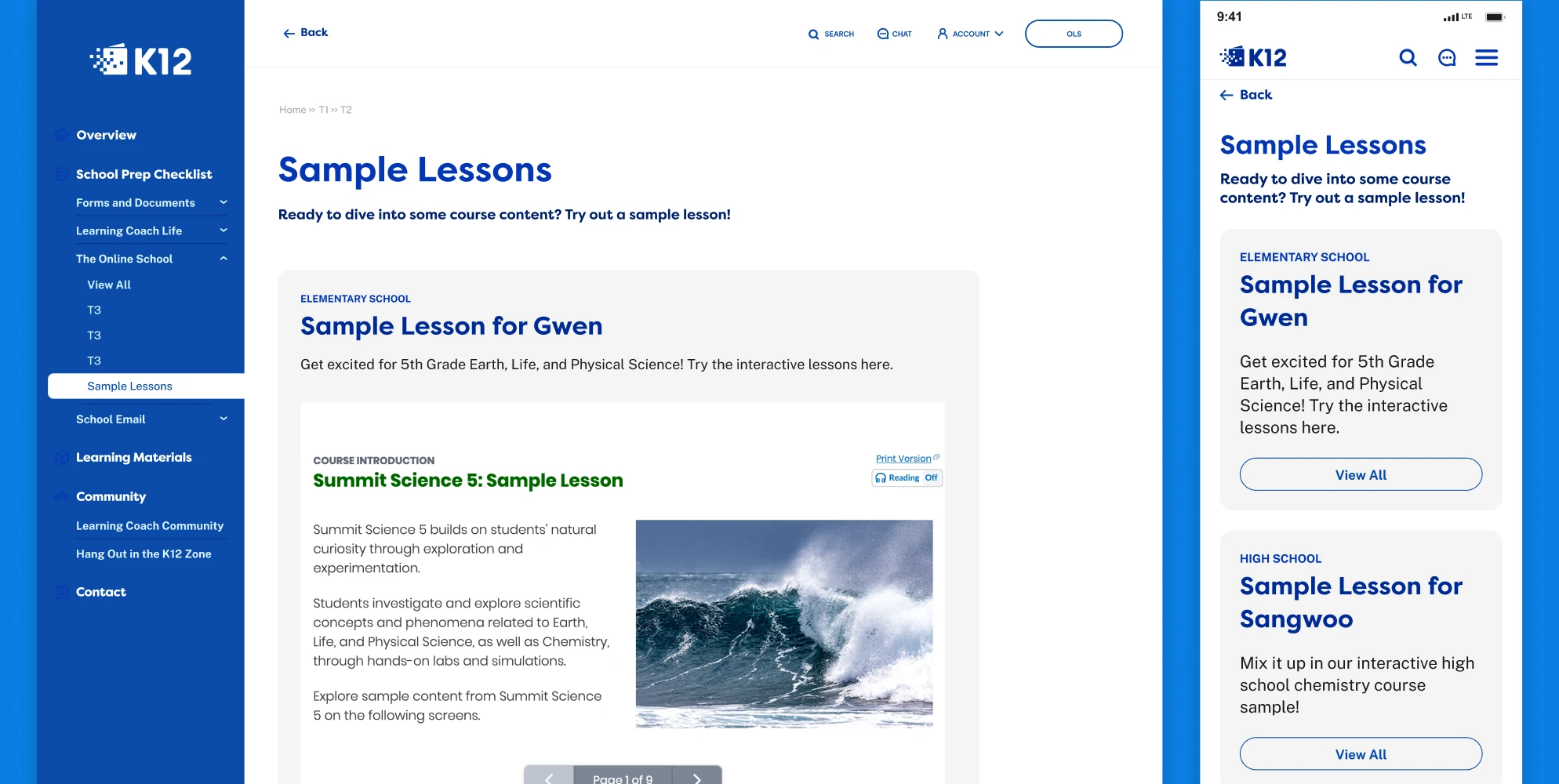Sample Lessons page on desktop and mobile, with an elementary school science lesson for one student and a high school lesson for another.