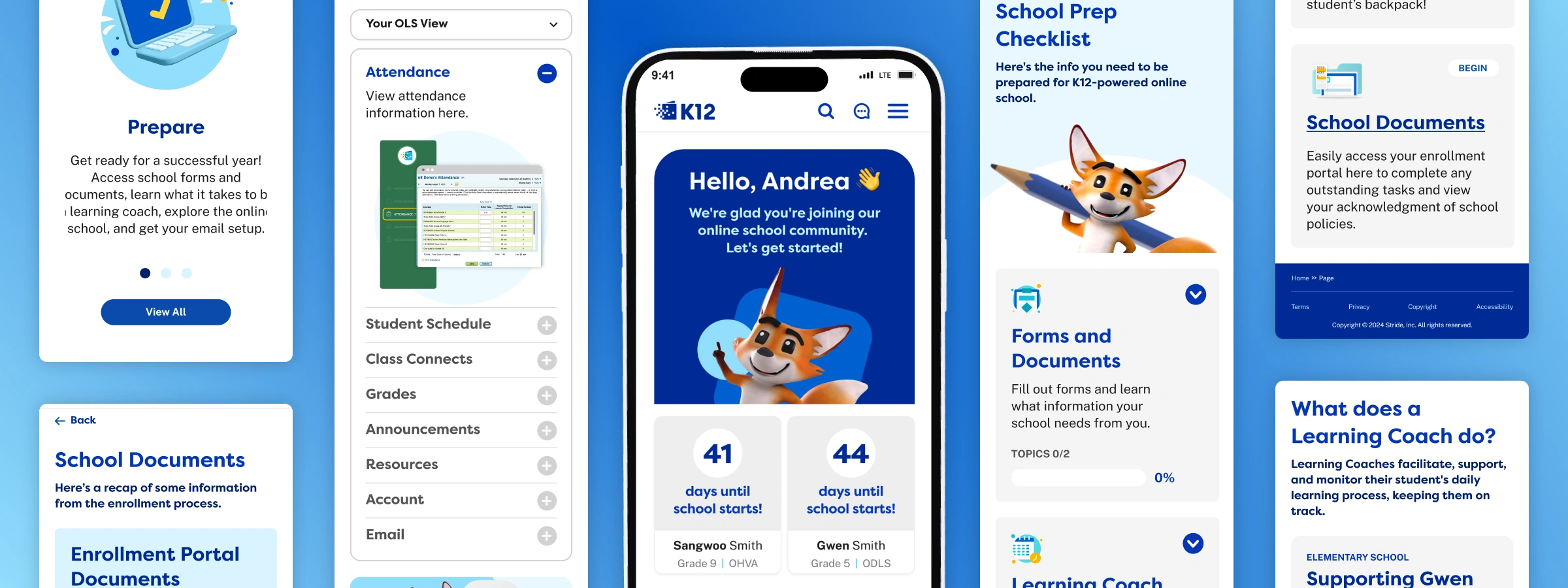Collage of mobile onboarding screens: a Prepare welcome screen, a School Documents page, an OLS view menu, a Hello, Andrea dashboard with two students&rsquo; school countdowns, a School Prep Checklist, and a What does a Learning Coach do? page